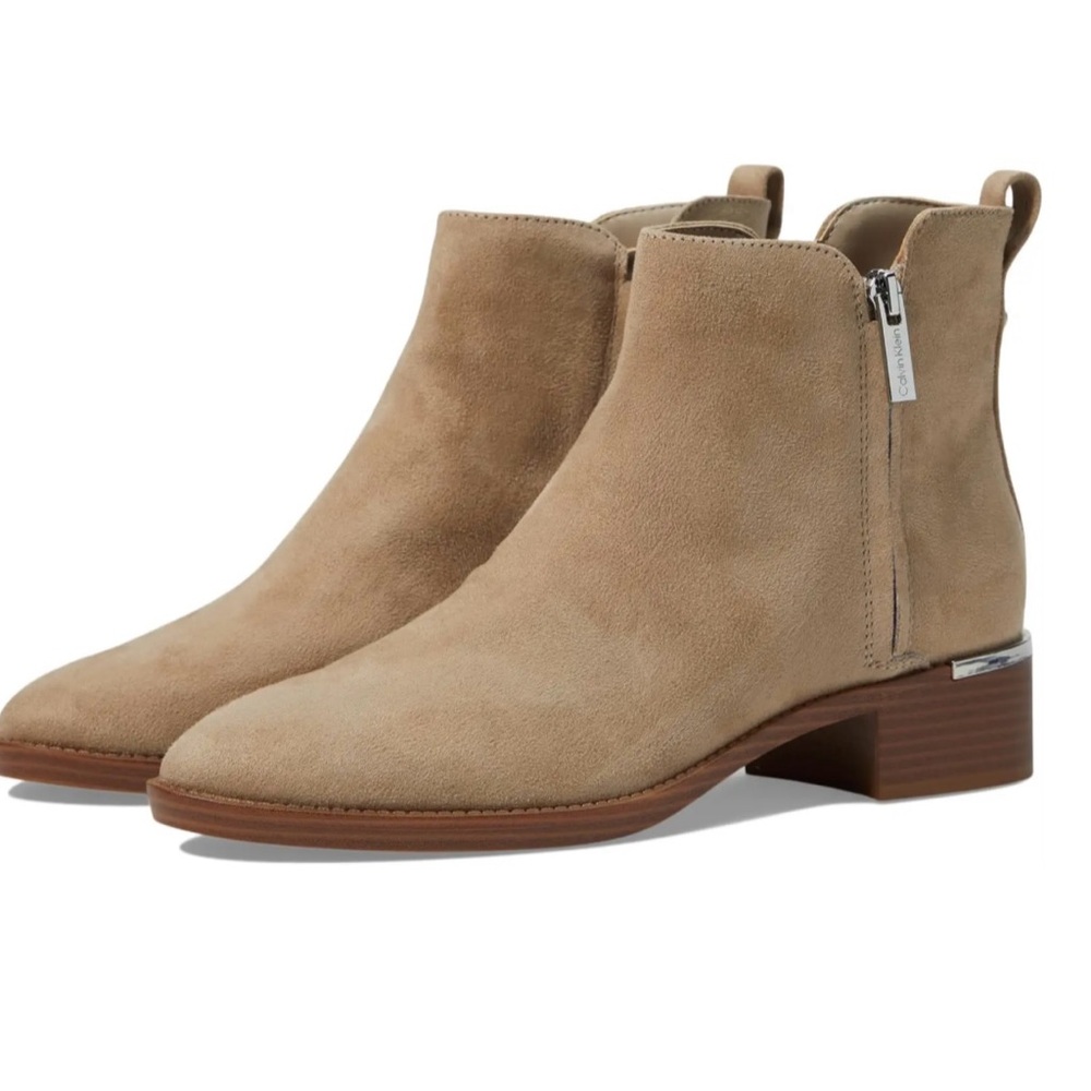 Tan Suede Ankle Booties with Zipper and Stacked Heel